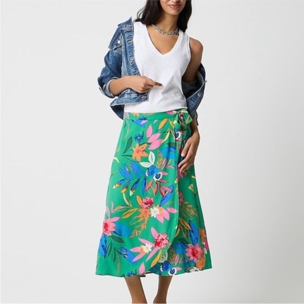 J. CREW Printed Faux-Wrap Midi Skirt Bright Green Floral Tropical Size XL Petite